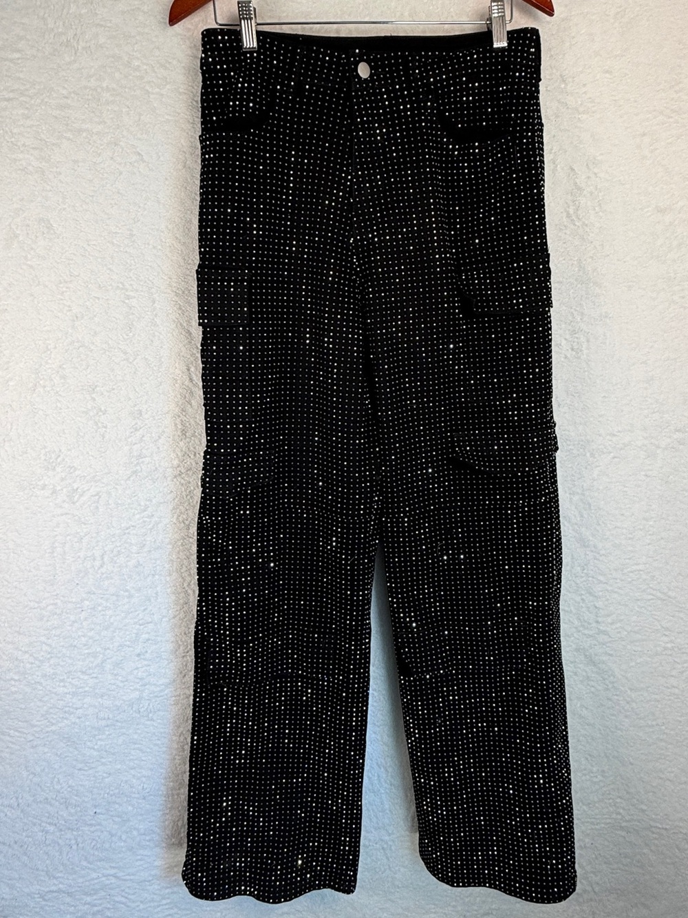 Rhinestone Cargo Pants Black Sparkly Wide Leg Y2K Glam Stretch Size 12 - Picture 3 of 11